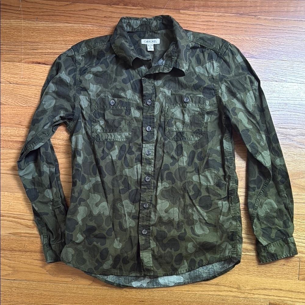 Cherokee Youth Boy XL 16 Green Camouflage Button-Up Shirt